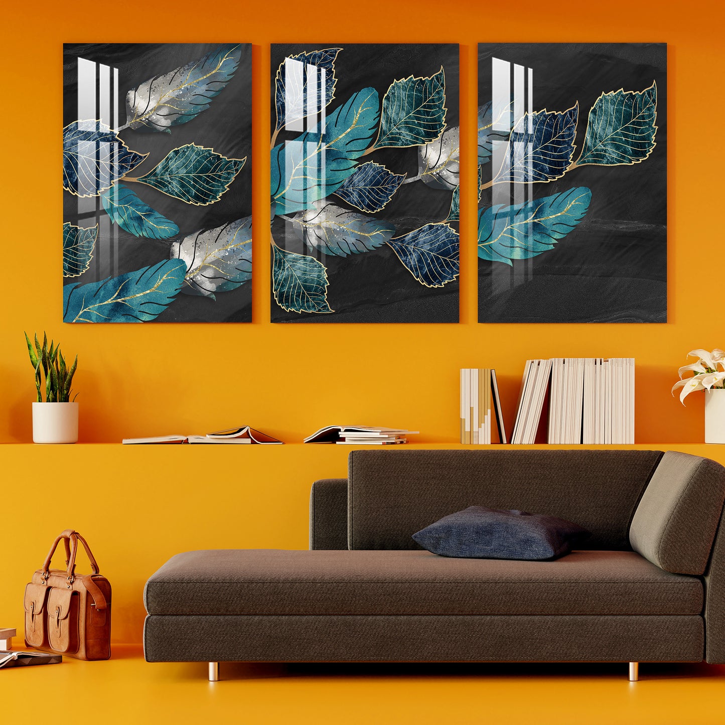 Blue, Turquoise & Gray Leaves Acrylic Wall Art ( Set of 3)