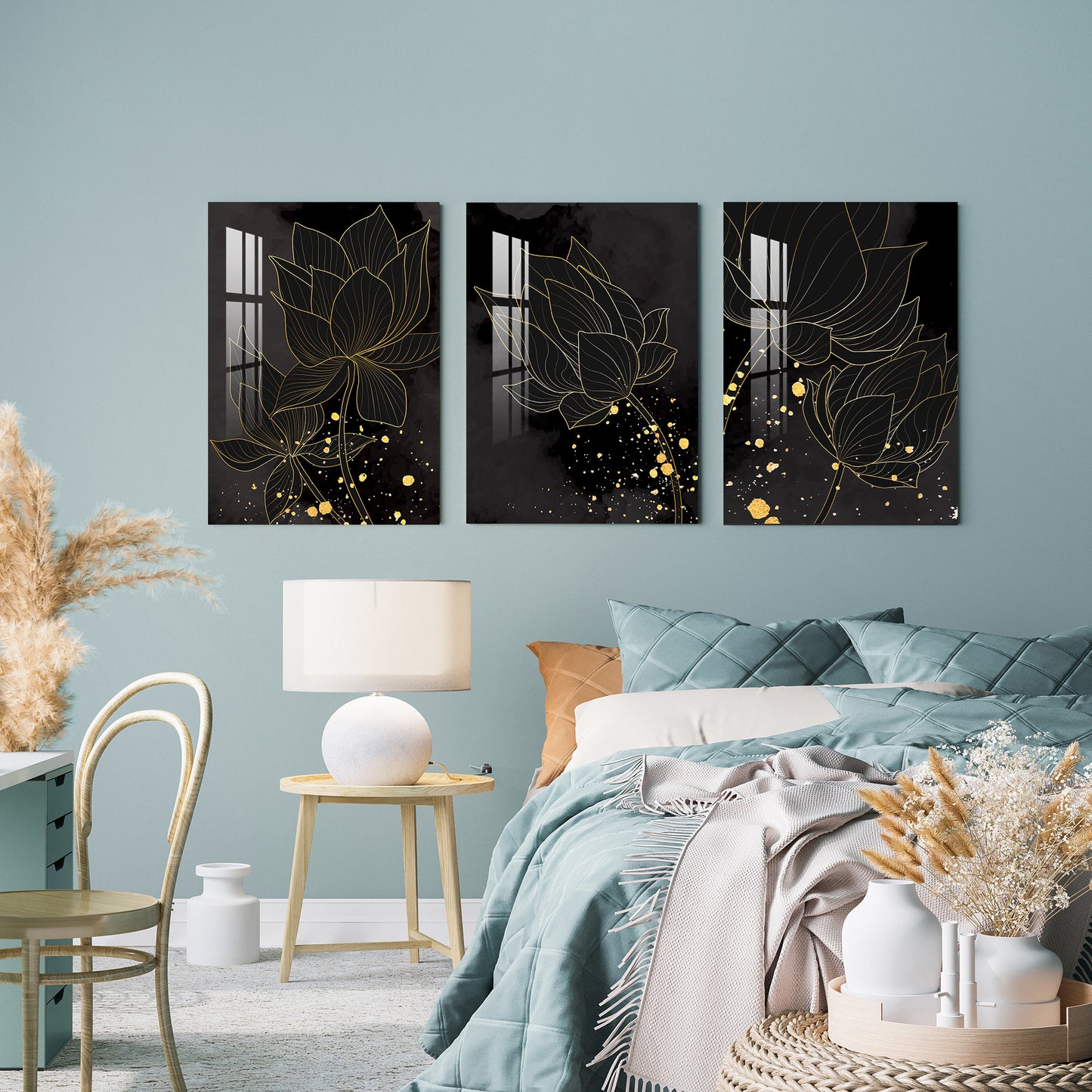 Golden Lotus Acrylic Wall Art (Set of 3)