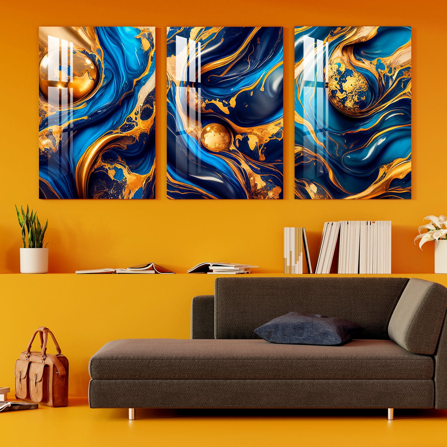 Swirling Blue Golden Ink Acrylic Wall Art (Set of 3)