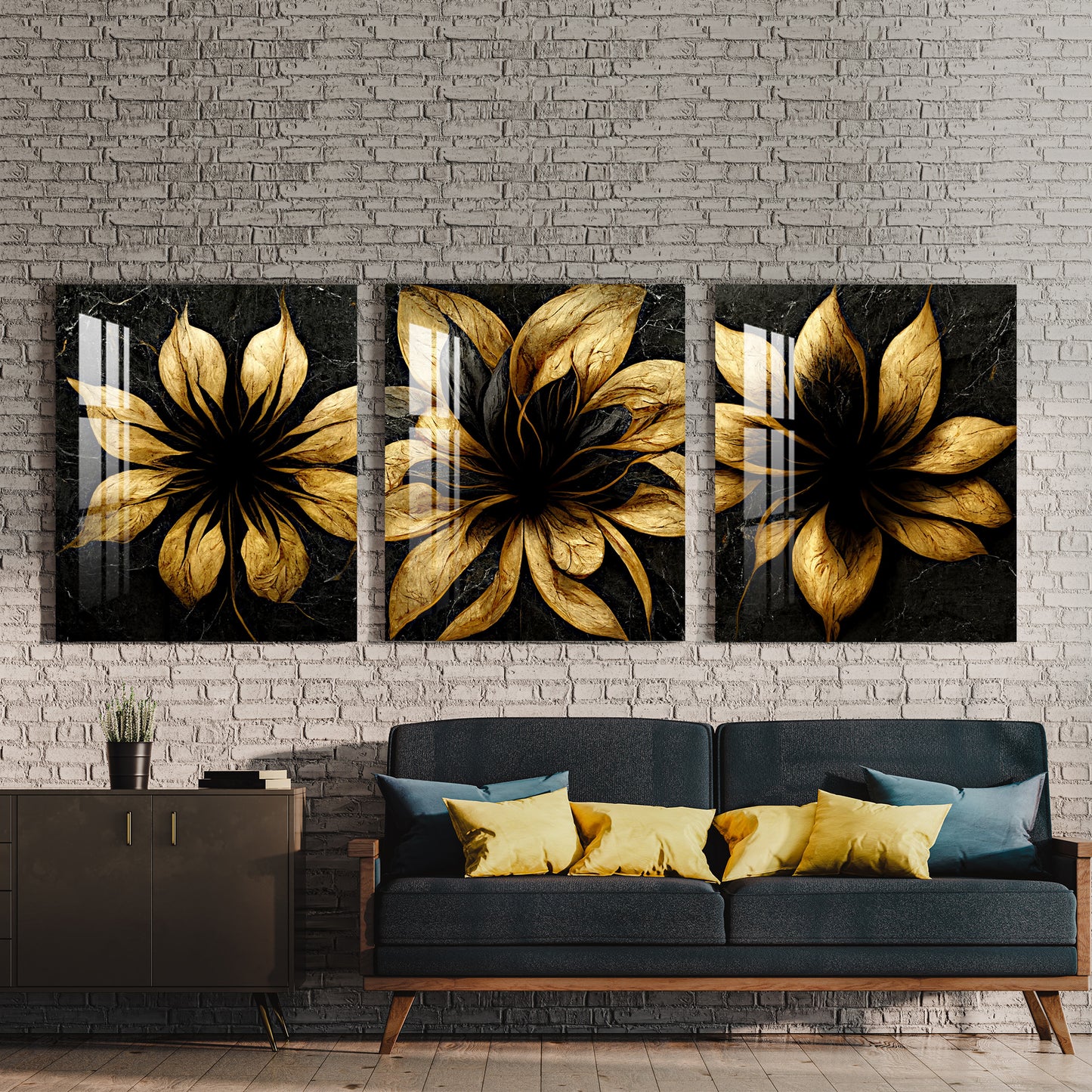 Black & Golden Fractal Flowers Acrylic Wall Art (Set of 3)