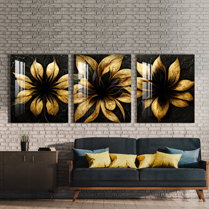 Black & Golden Fractal Flowers Acrylic Wall Art (Set of 3)