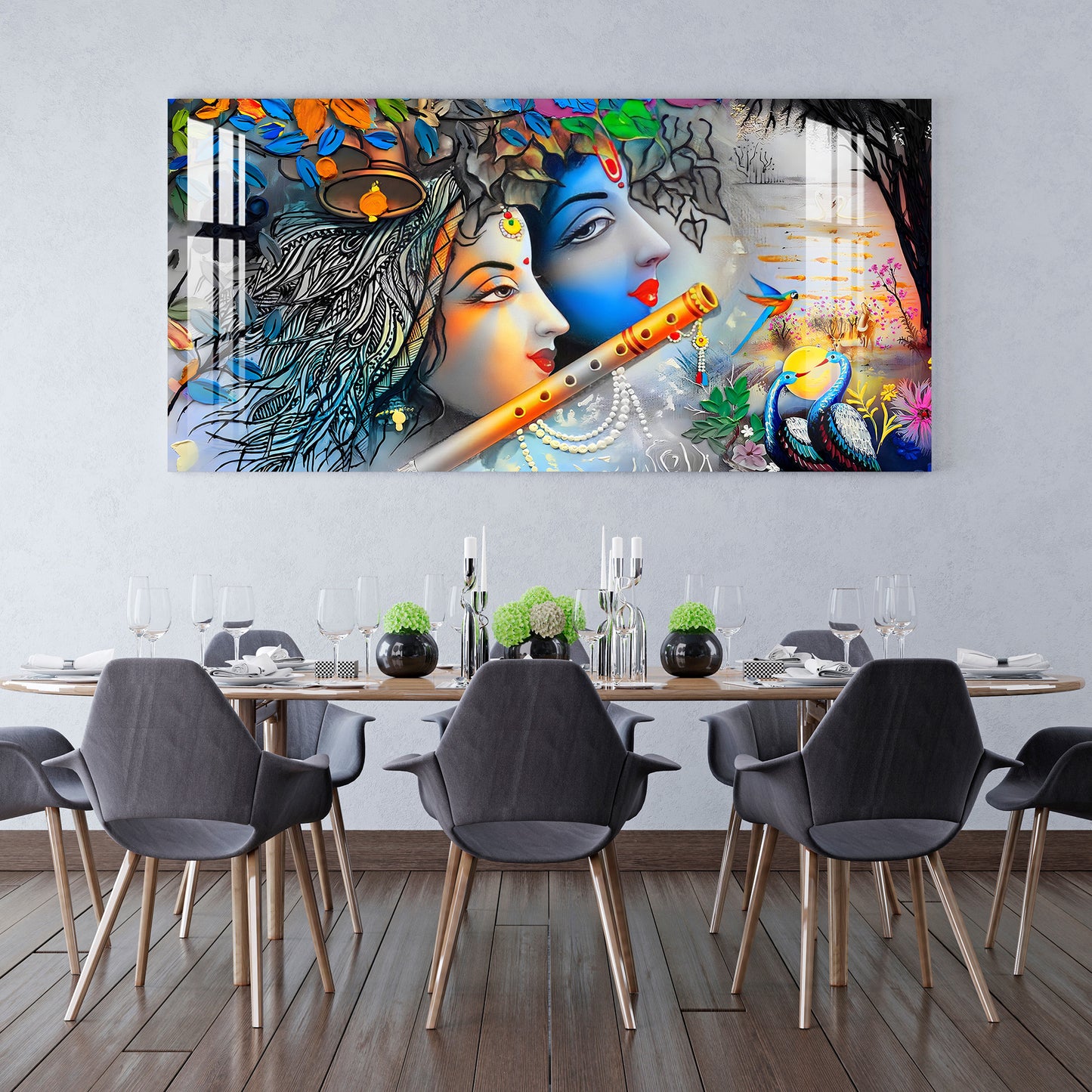 Radha Krishna with Flowers & Flute Acrylic Wall Art