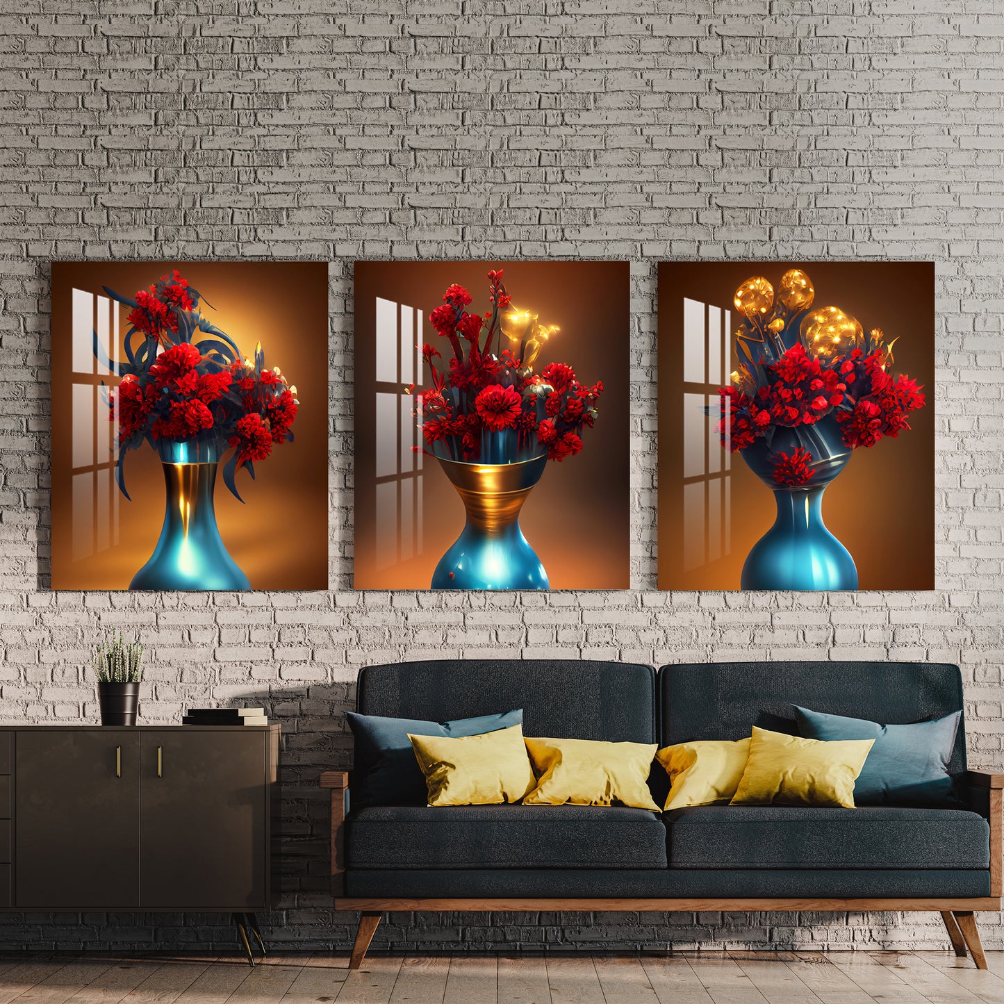 Turquoise Vase with Red Flowers Acrylic Wall Art (Set of 3)