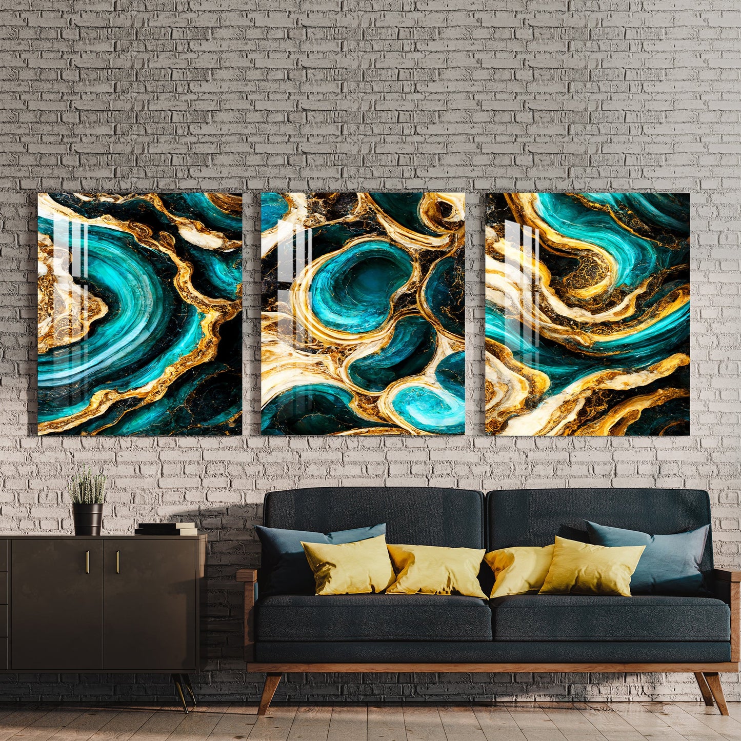 Cyan & Golden Waves Acrylic Wall Art (Set of 3) - 23.5X16 inches / 8MM (Premium)