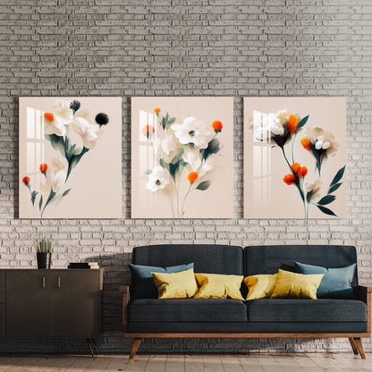 White & Orange Mangolian Flowers Acrylic Wall Art (Set of 3)