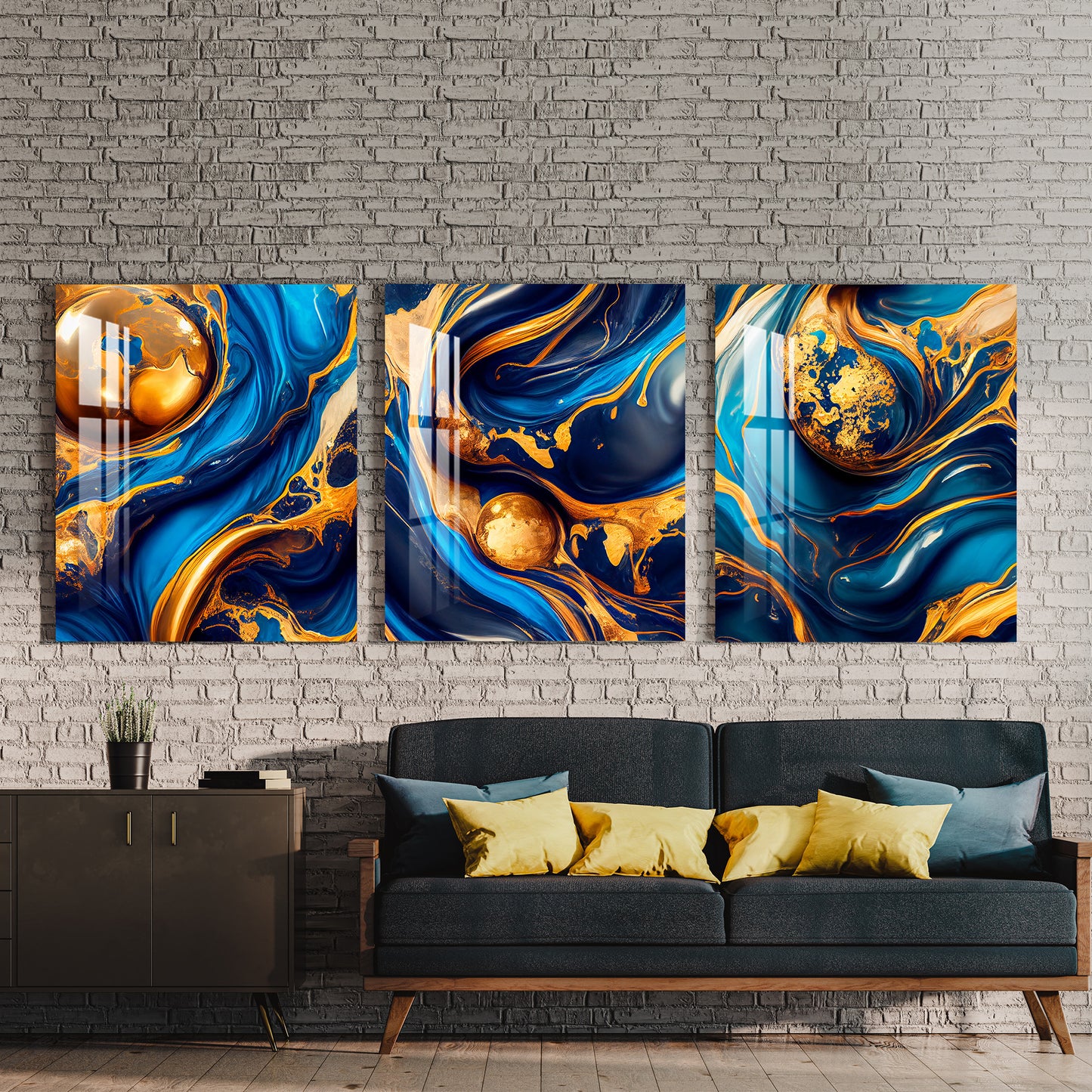 Swirling Blue Golden Ink Acrylic Wall Art (Set of 3)