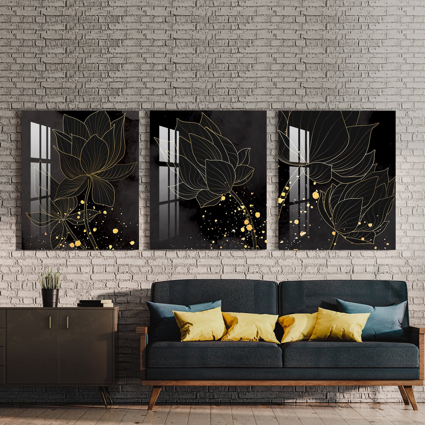 Golden Lotus Acrylic Wall Art (Set of 3)