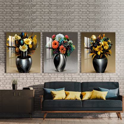 Gunmetal Vase And Flower Acrylic Wall Art (Set of 3)