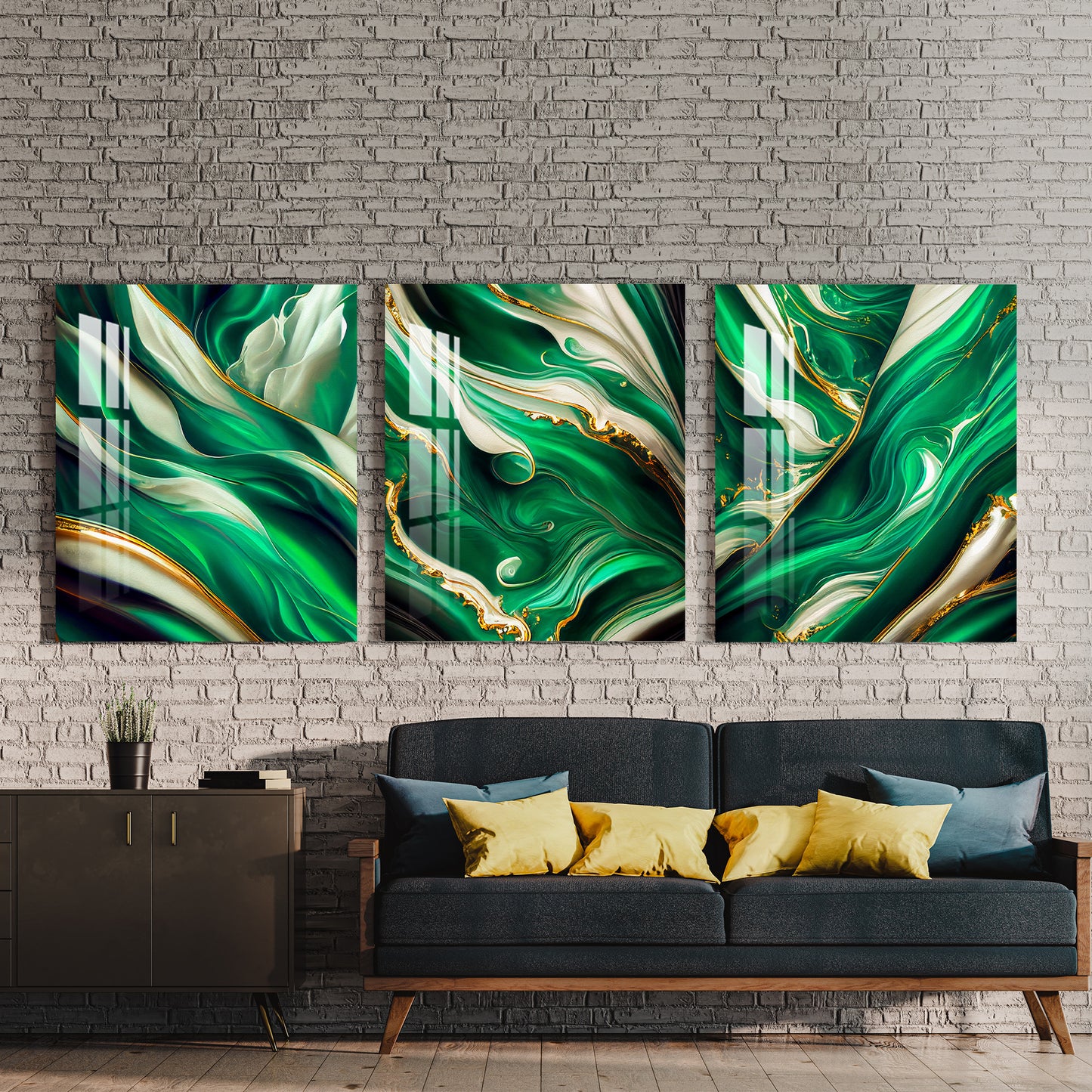 Abstract Green Waves with Golden Foil Acrylic Wall Art (Set of 3)