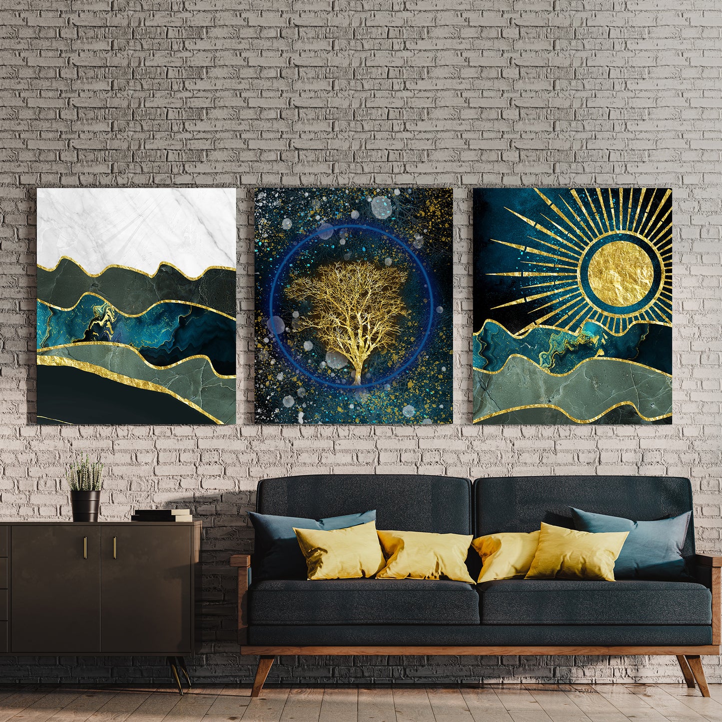 Turquoise Marble Golden Trees Acrylic Wall Art (Set of 3)