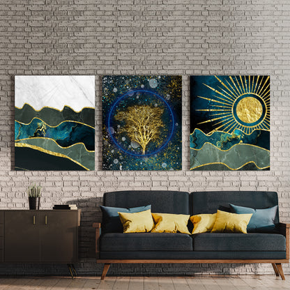 Turquoise Marble Golden Trees Acrylic Wall Art (Set of 3)