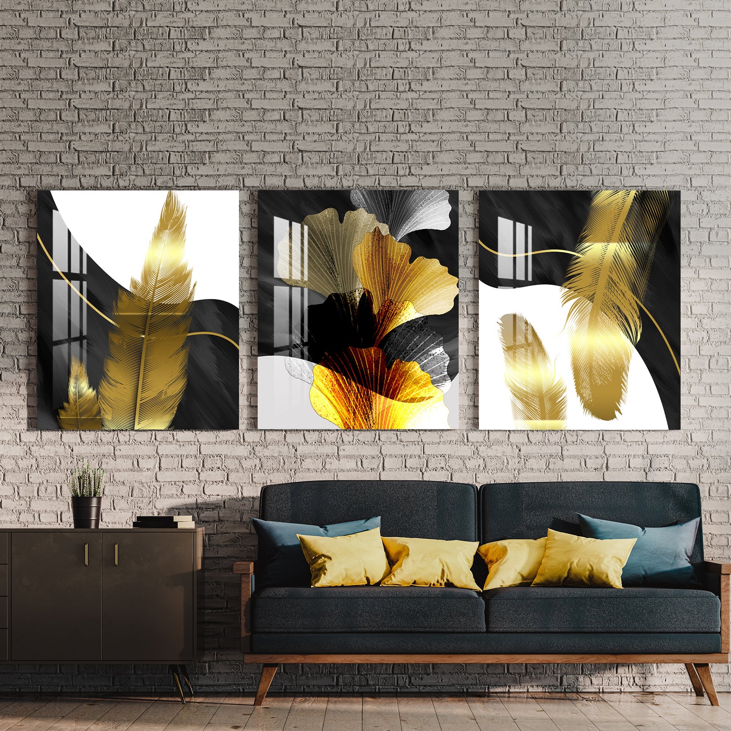 Golden Feathers Acrylic Wall Art (Set of 3)