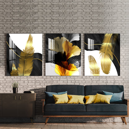 Golden Feathers Acrylic Wall Art (Set of 3)