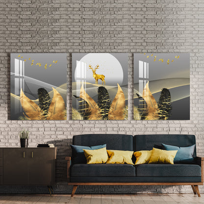 Golden & Black Feathers with Deer Acrylic Wall Art (Set of 3)