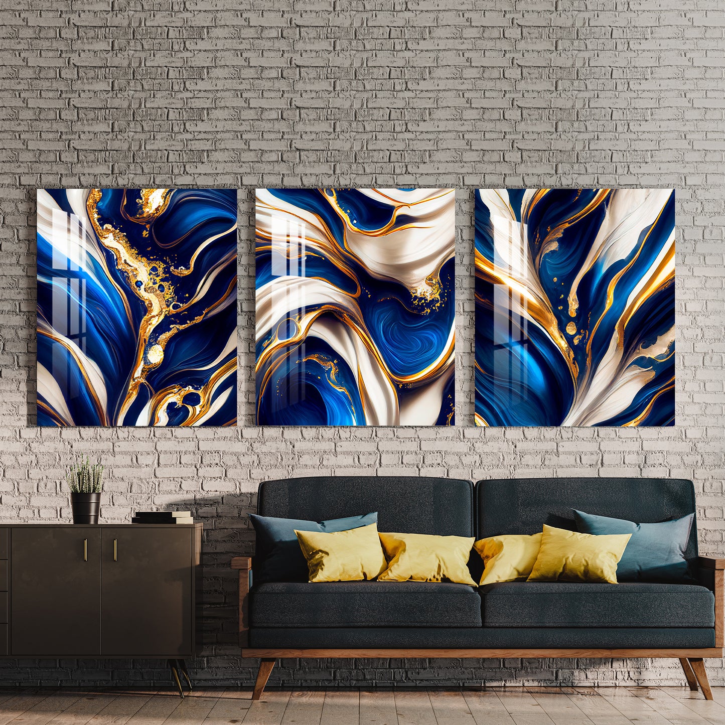 Blue, White & Golden Fluid Art Acrylic Wall Art (Set of 3)