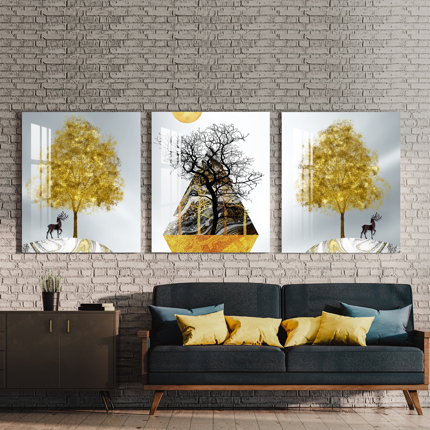 Black & Golden Trees with Sun Acrylic Wall Art (Set of 3)