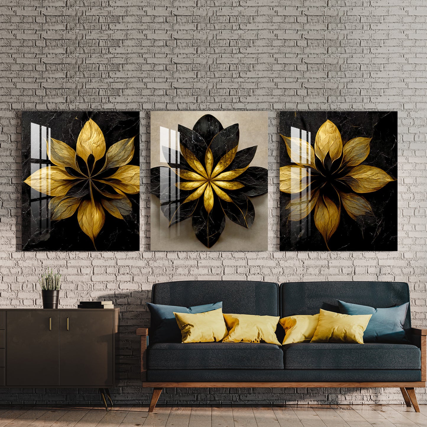 Black and Golden Floral Acrylic Wall Art (Set of 3)