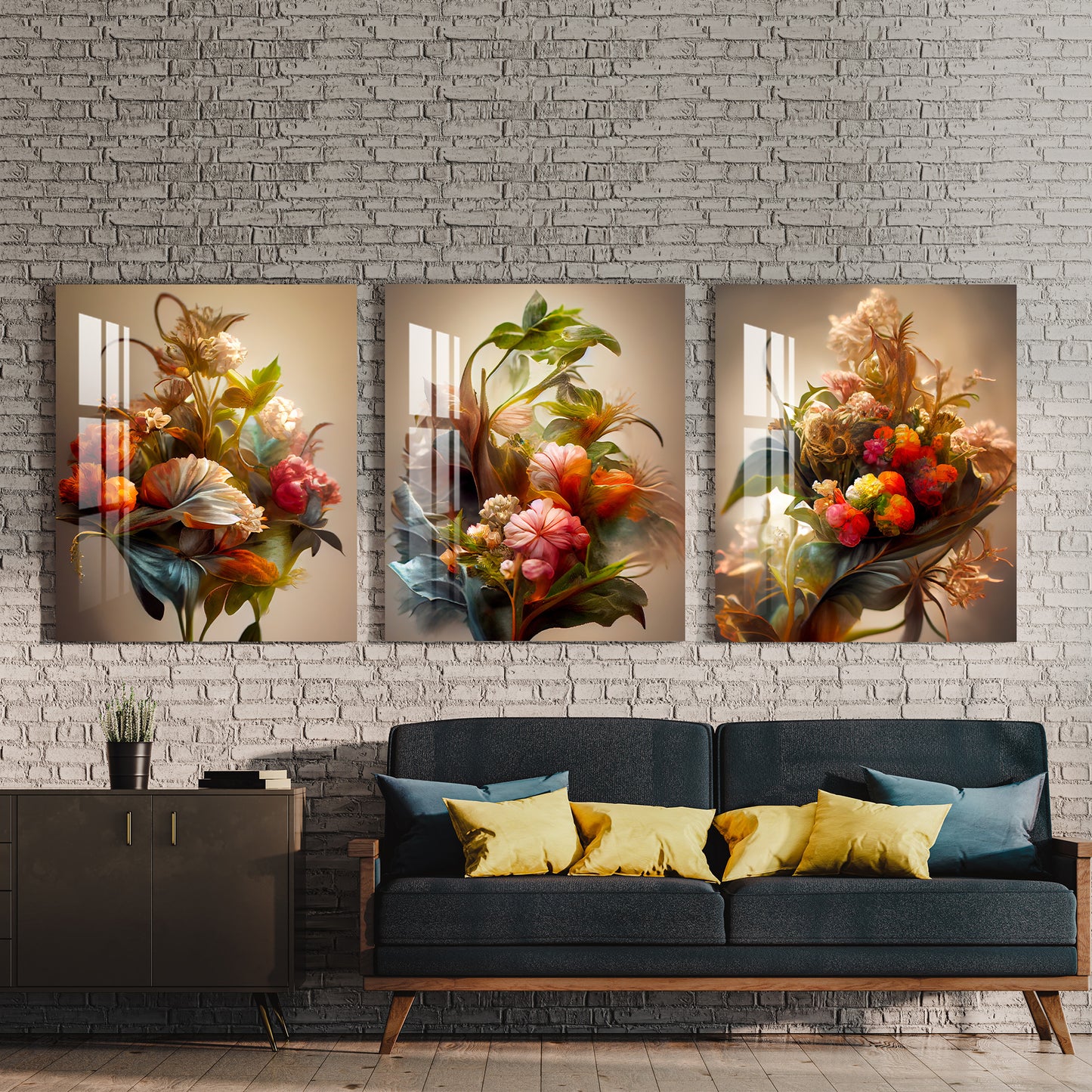 Bunch of Beautiful Flowers Acrylic Wall Art (Set of 3)