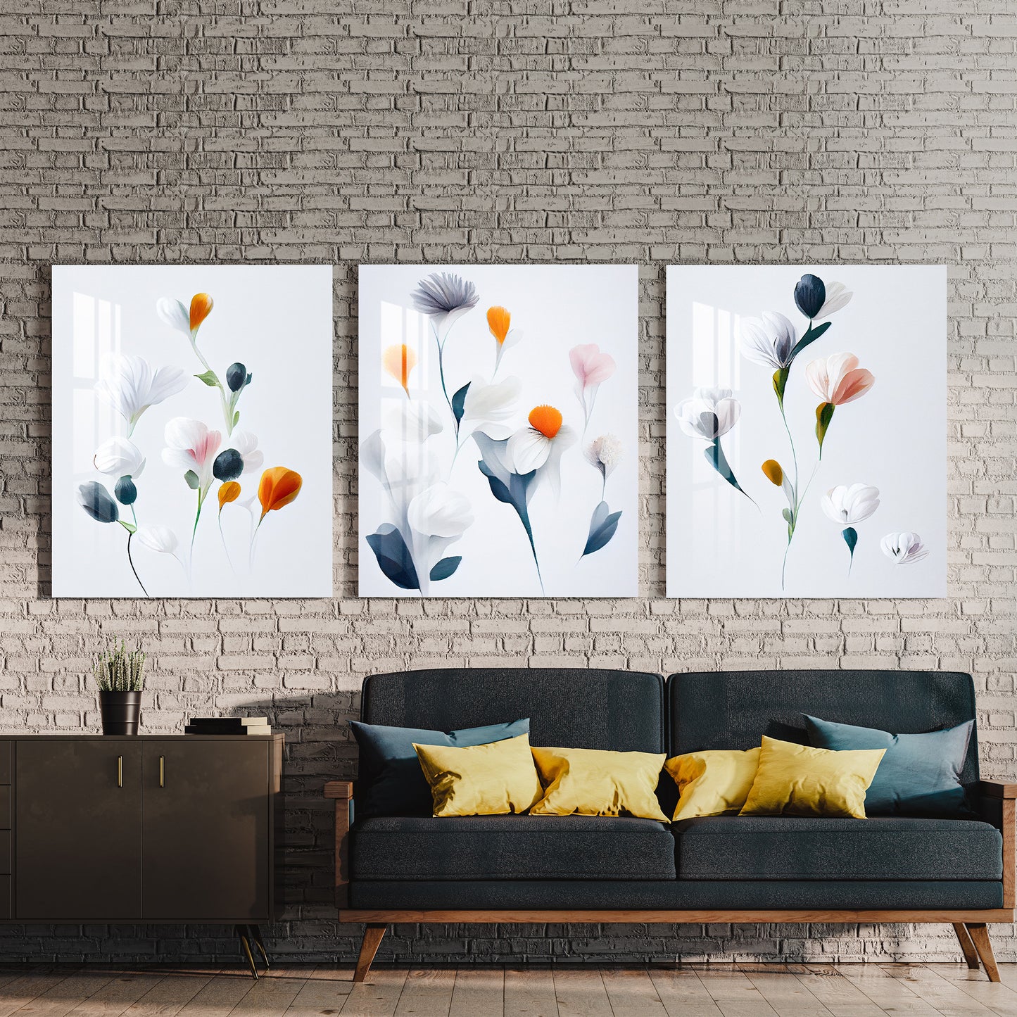 White Themed Floral Acrylic Wall Art (Set of 3)