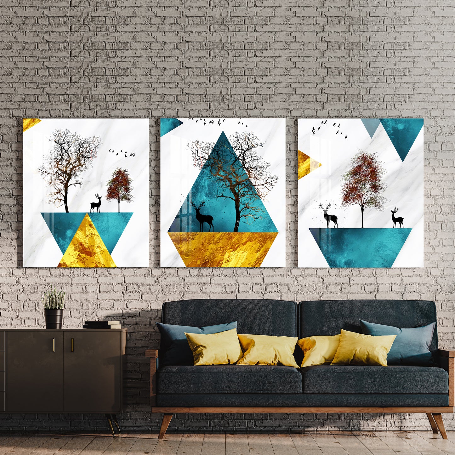 Deer on Abstract Triangle Acrylic Wall Art (Set of 3)