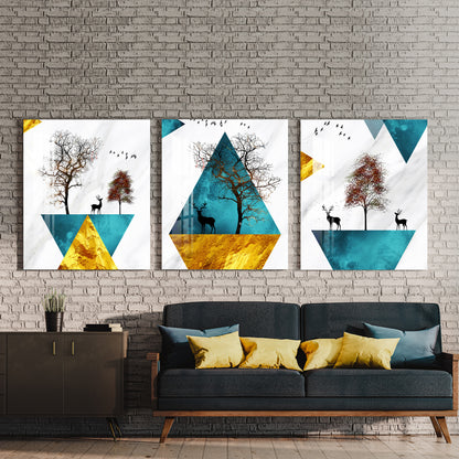 Deer on Abstract Triangle Acrylic Wall Art (Set of 3)