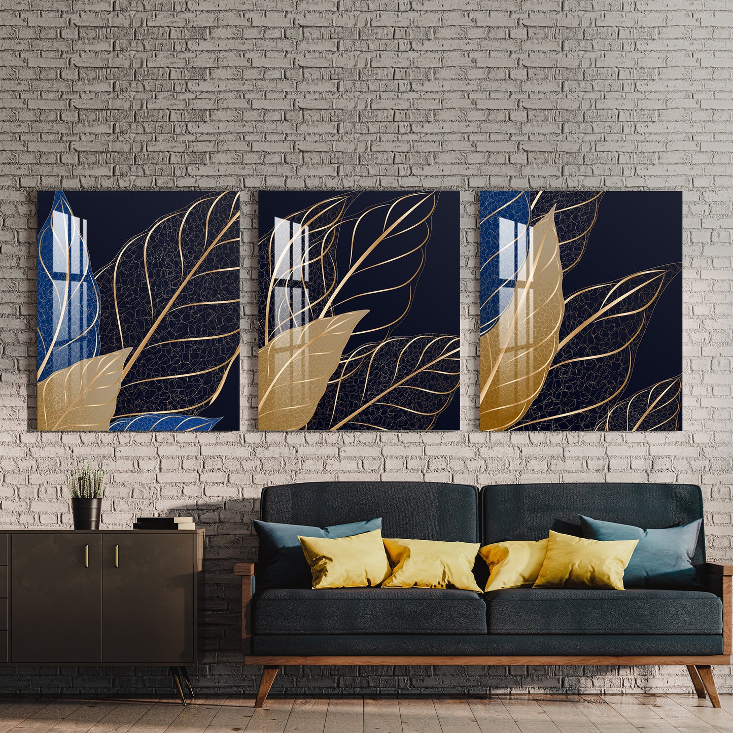 Blue, Golden & Black Leaf Acrylic Wall Art (Set of 3)