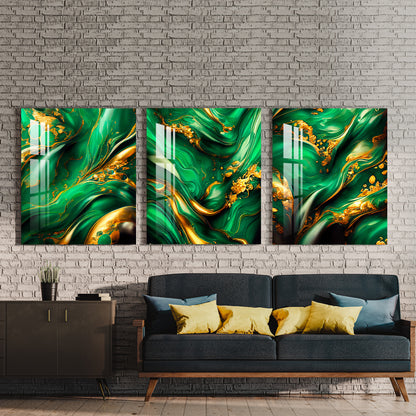 Dark Teal & Golden Ink Swirled Around Acrylic Wall Art (Set of 3)