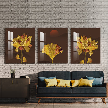 Golden and Red Flowers With Sun Acrylic Wall Art (Set of 3)