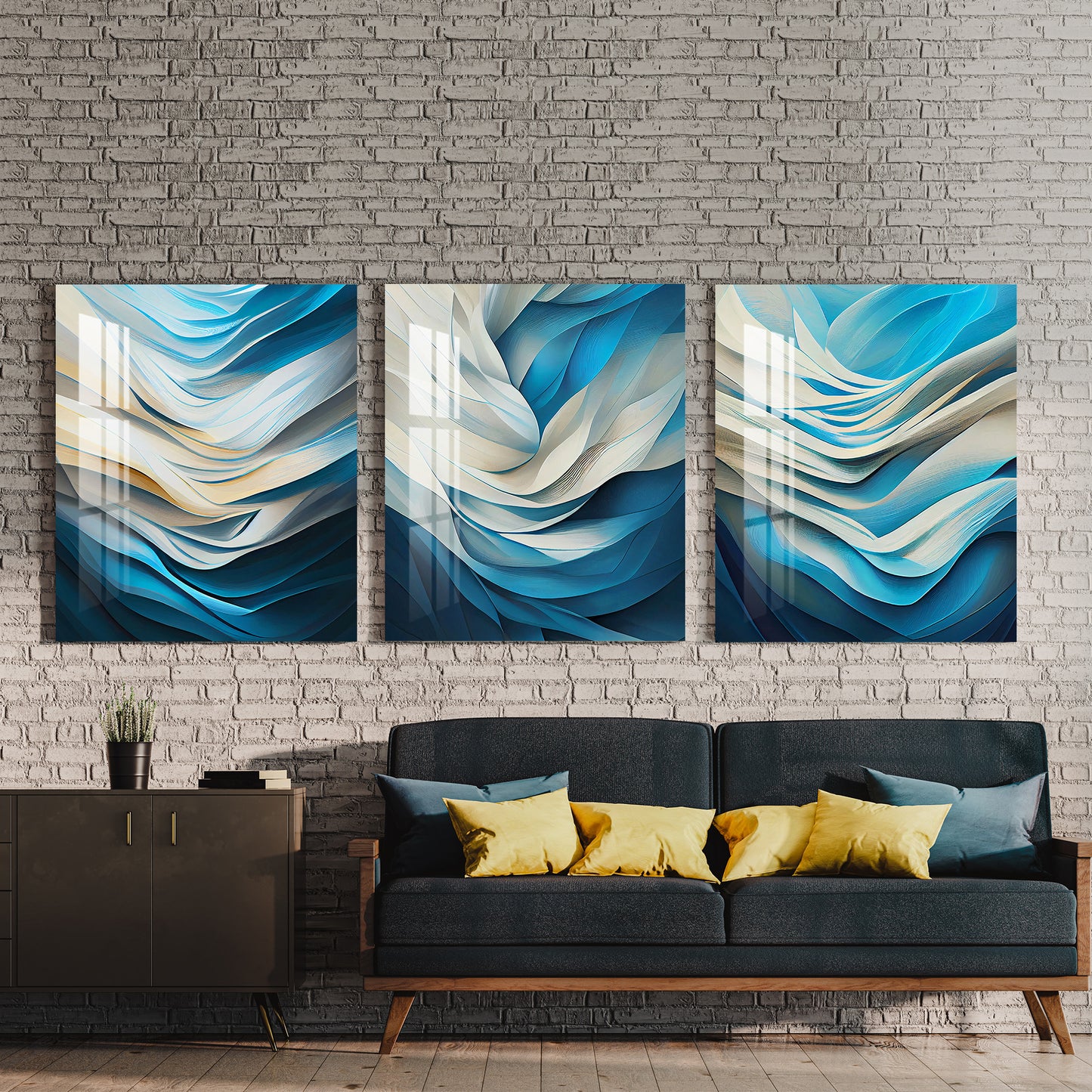 Blue & White Fractal Print Acrylic Wall Art (Set of 3)