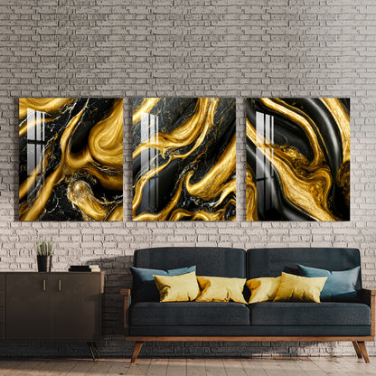 Black & Golden Liquid Marble Acrylic Wall Art (Set of 3)