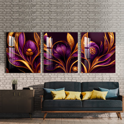 Purple Flowers with Golden Leaves Acrylic Wall Art (Set of 3)