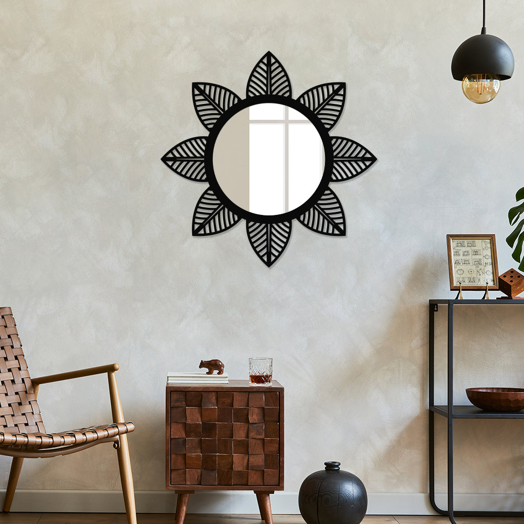 Round Metal Wall Mirror With Leaf