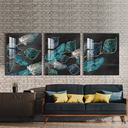 Blue, Turquoise & Gray Leaves Acrylic Wall Art ( Set of 3)