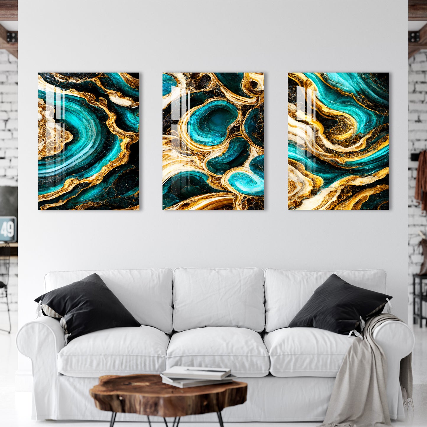 Cyan & Golden Waves Acrylic Wall Art (Set of 3)