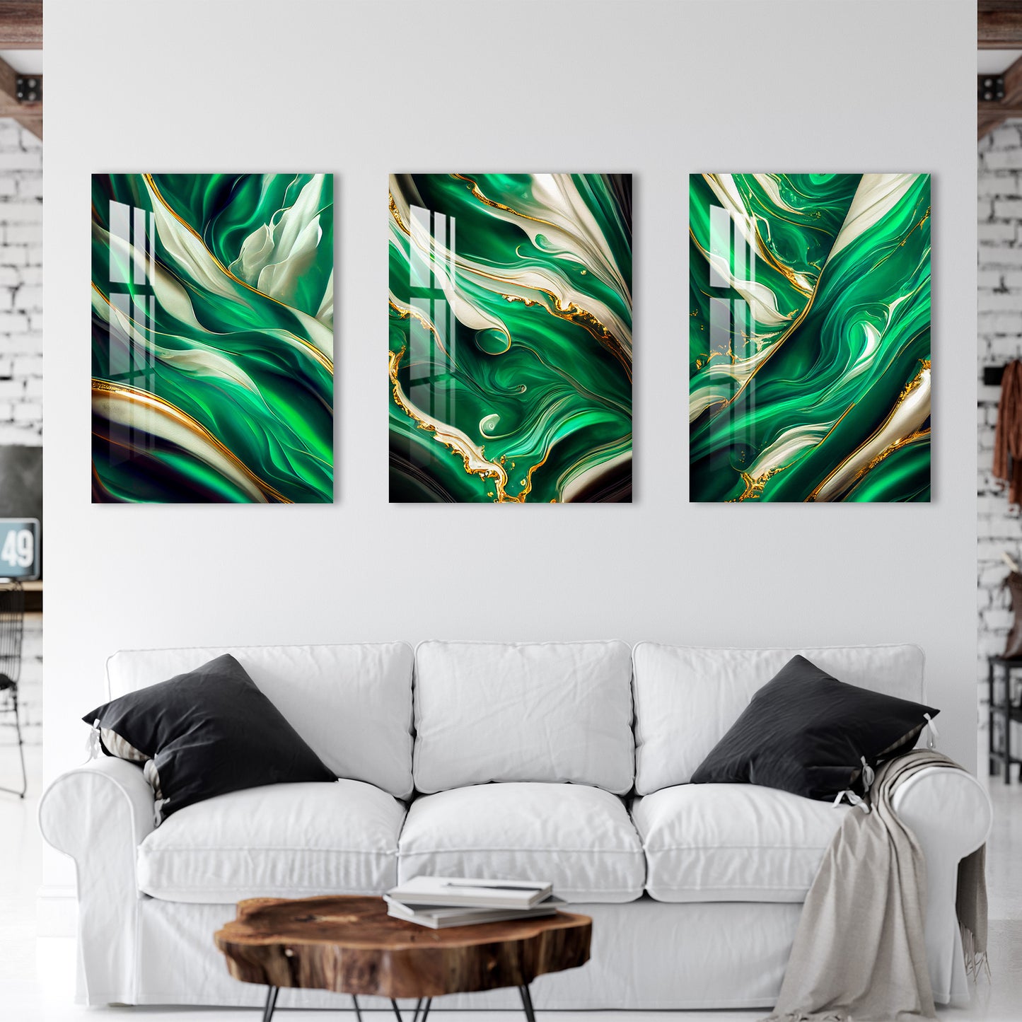 Abstract Green Waves with Golden Foil Acrylic Wall Art (Set of 3)