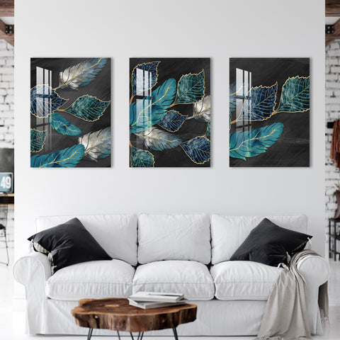 Blue, Turquoise & Gray Leaves Acrylic Wall Art ( Set of 3)
