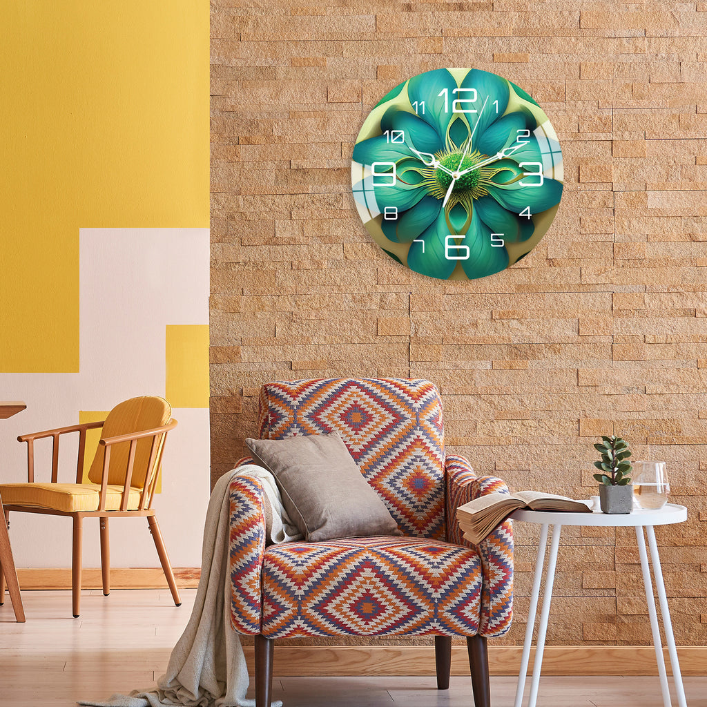 Green Leafy Flower Printed Acrylic Wall Clock