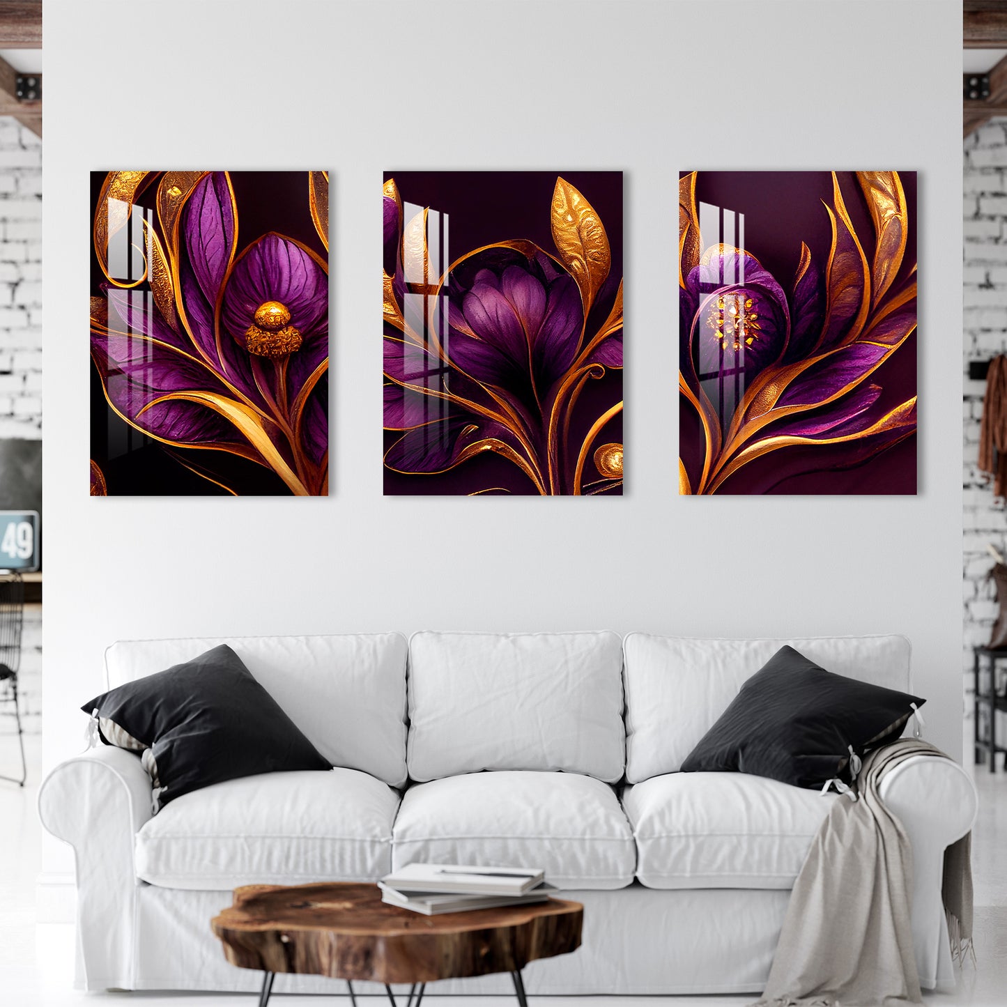 Purple Flowers with Golden Leaves Acrylic Wall Art (Set of 3)