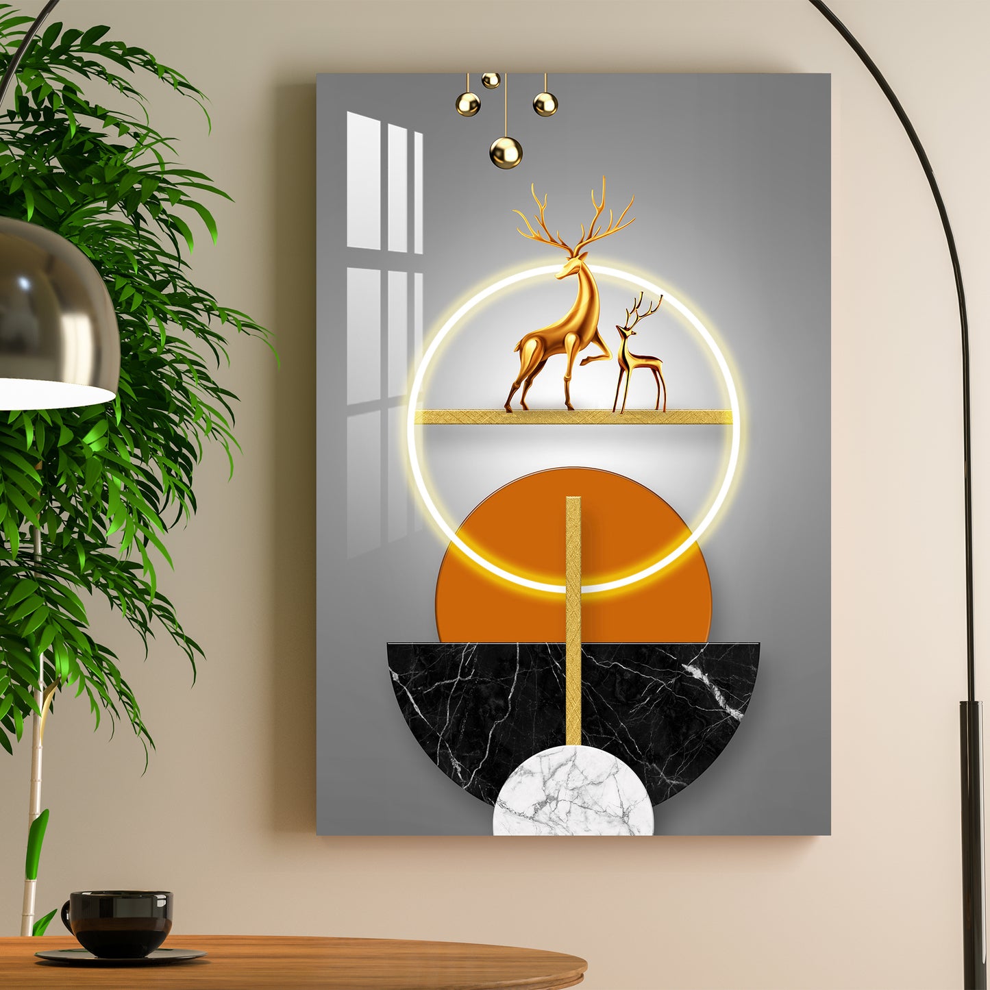 Golden Deer Illuminated Ring Acrylic Wall Art