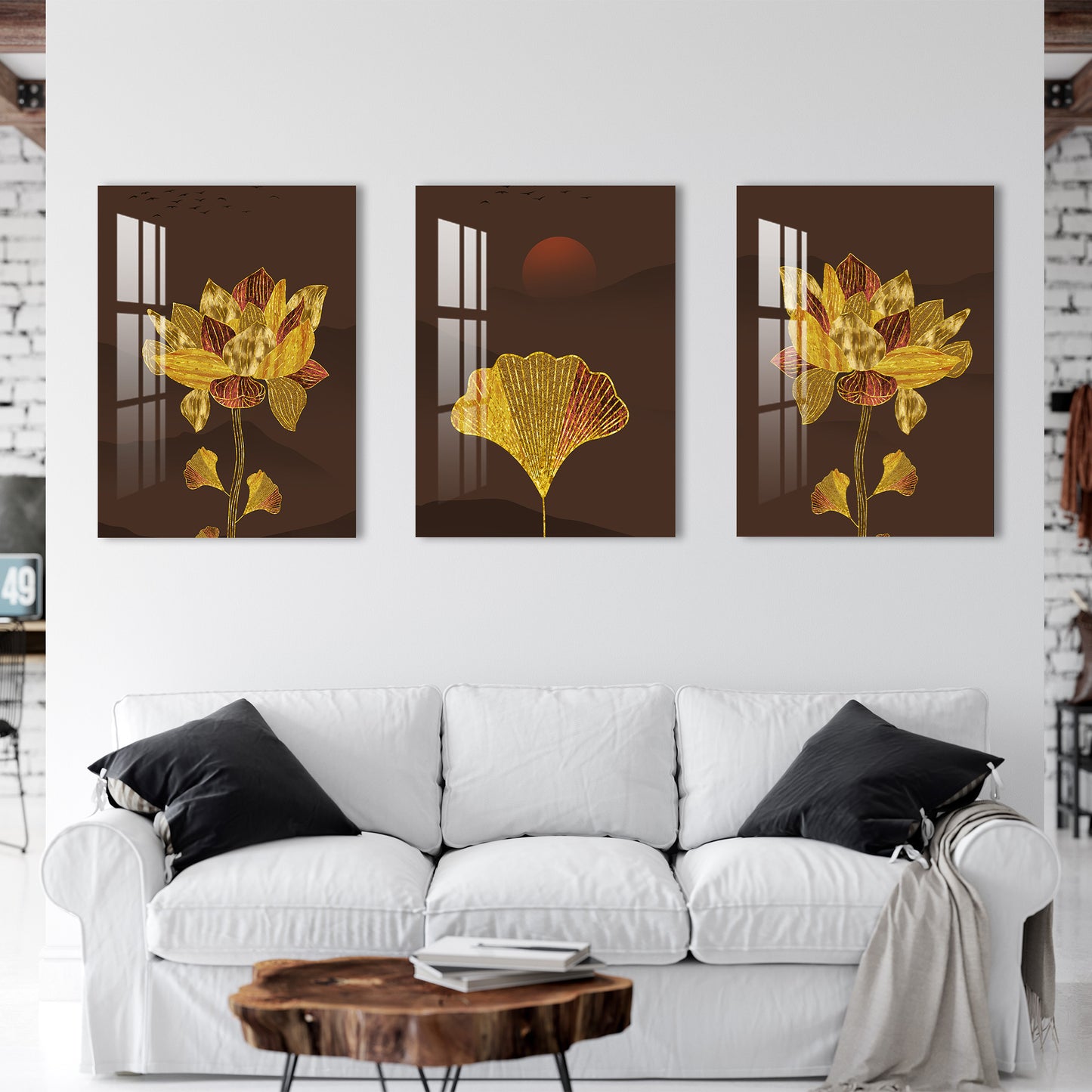 Golden and Red Flowers With Sun Acrylic Wall Art (Set of 3)