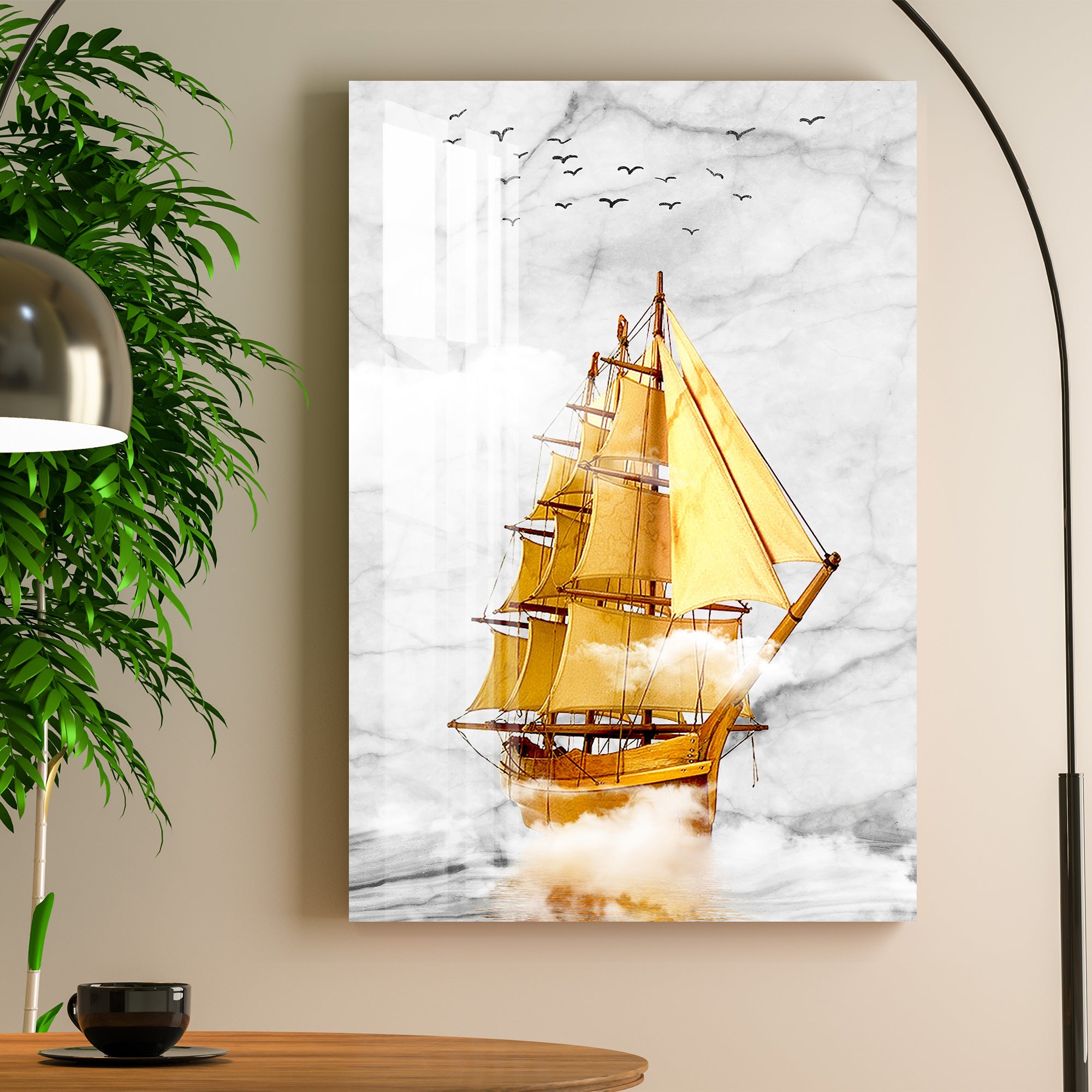 Golden Sailboat Acrylic Wall Art