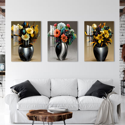 Gunmetal Vase And Flower Acrylic Wall Art (Set of 3)