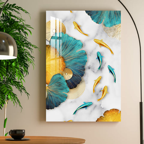 Blue & Golden Fishes With Leaves Acrylic Wall Art - 29.5X20 inches / 3MM