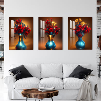 Turquoise Vase with Red Flowers Acrylic Wall Art (Set of 3)