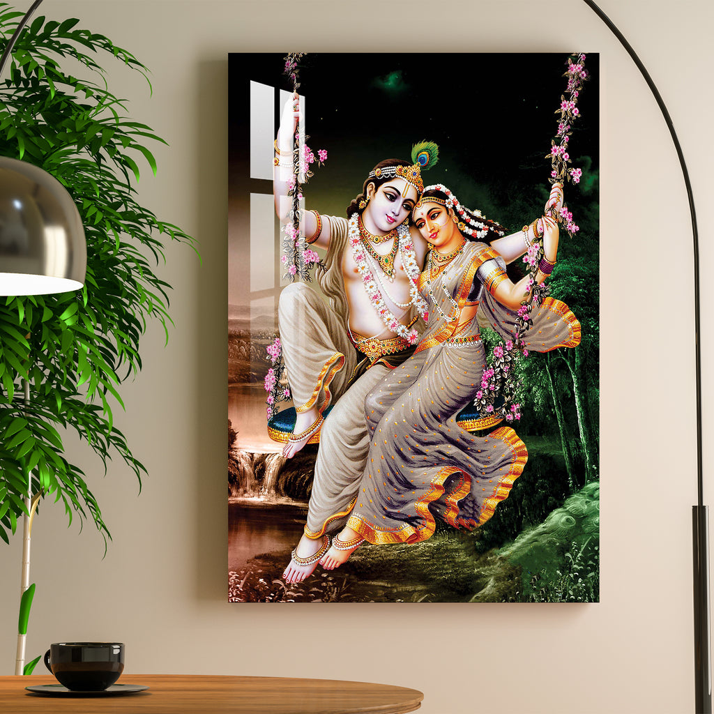 Radha Krishna on Floral Swing Acrylic Wall Art