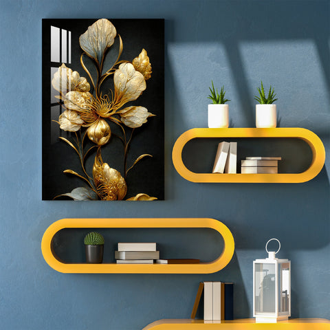Classic Golden & Black Shade Floral Acrylic Wall Art - 29.5X20 inches / 8MM (Premium)