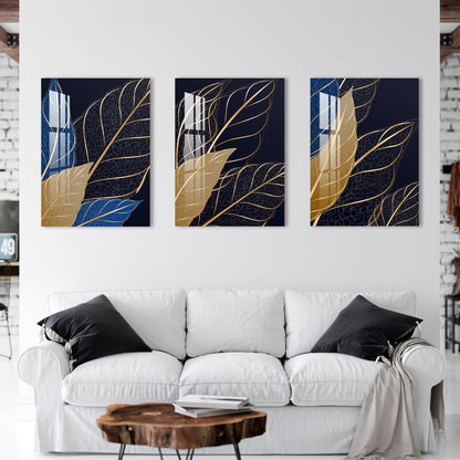 Blue, Golden & Black Leaf Acrylic Wall Art (Set of 3)