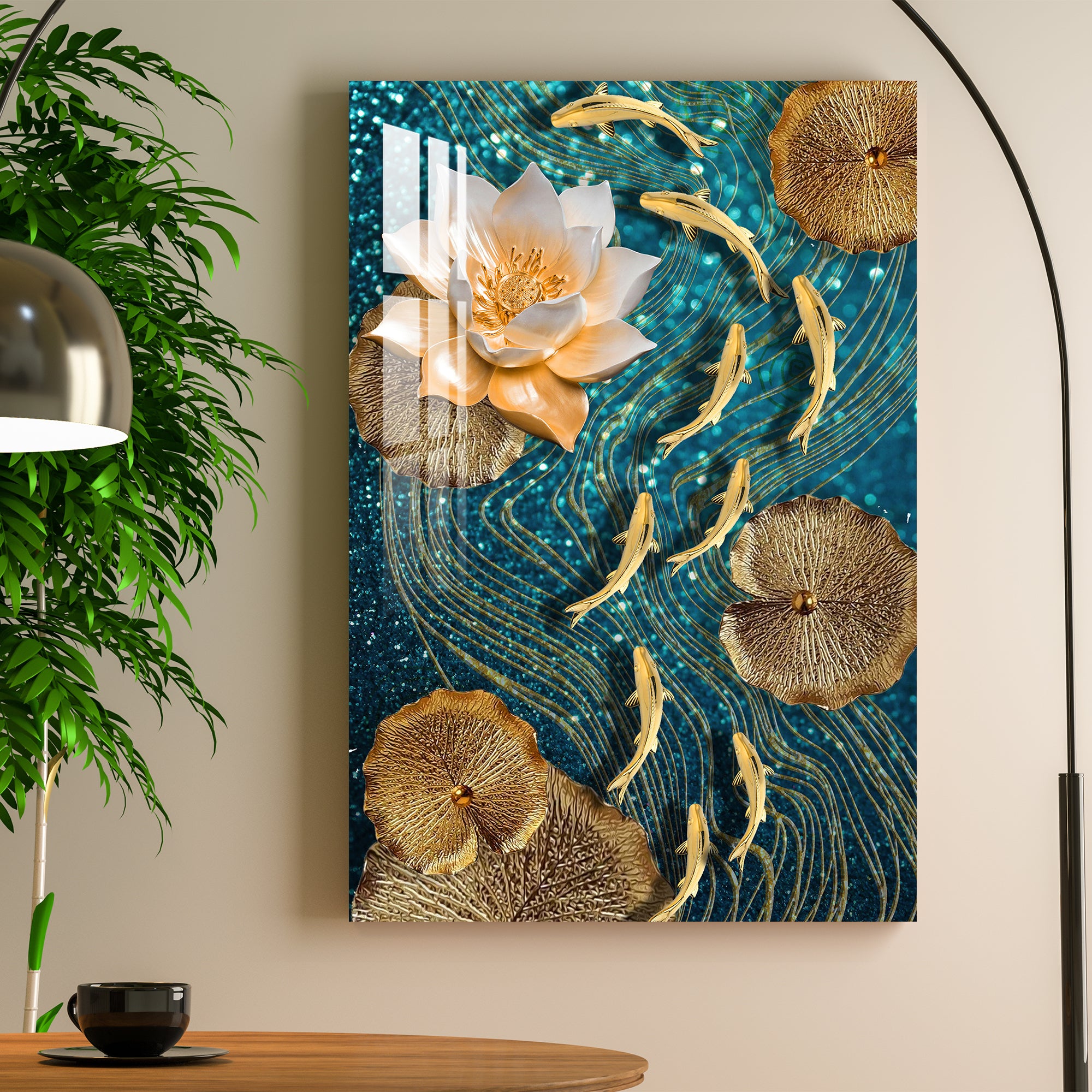 Modern Lotus With Koi Fish Acrylic Wall Art