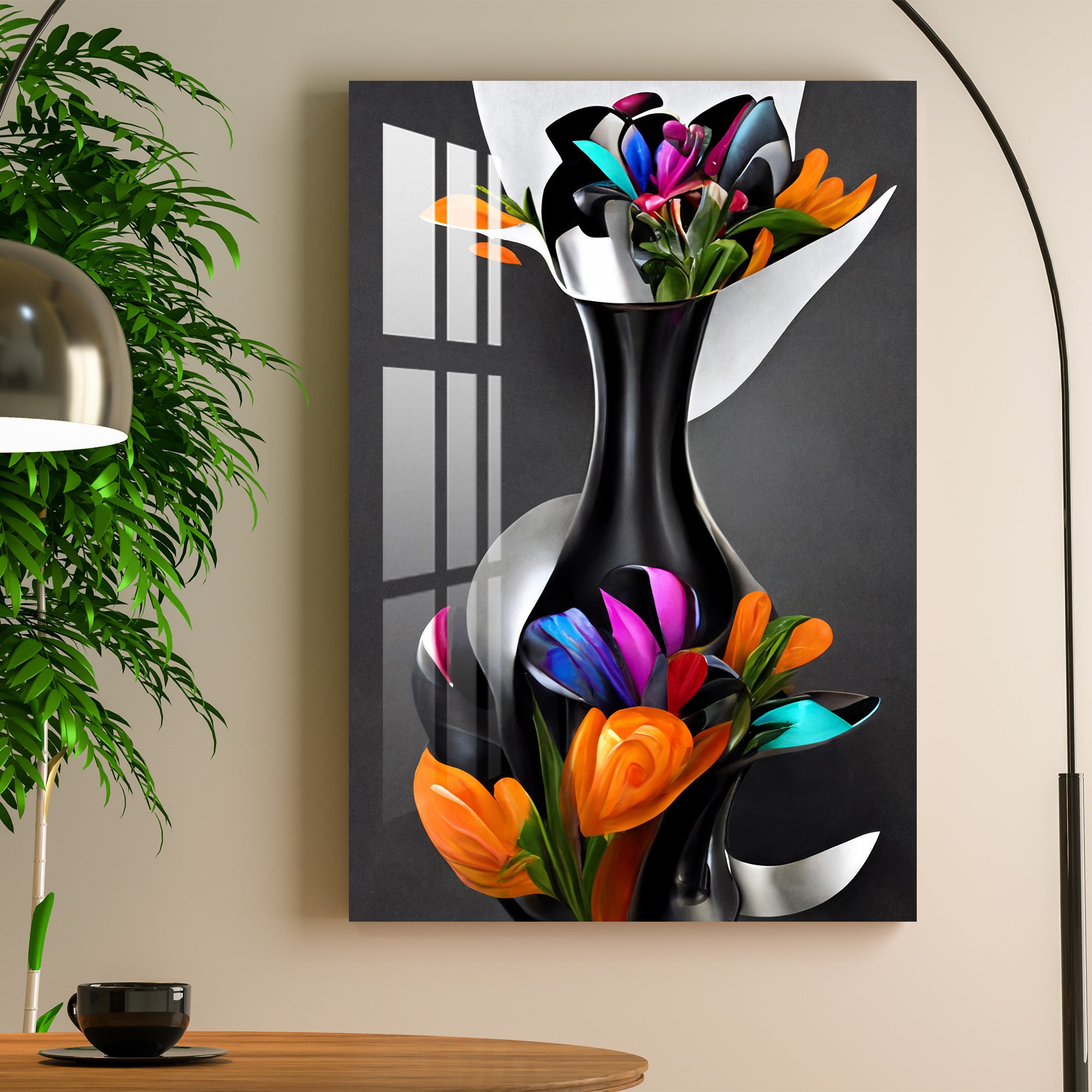Vibrant Flowers in Black vessel Acrylic Wall Art