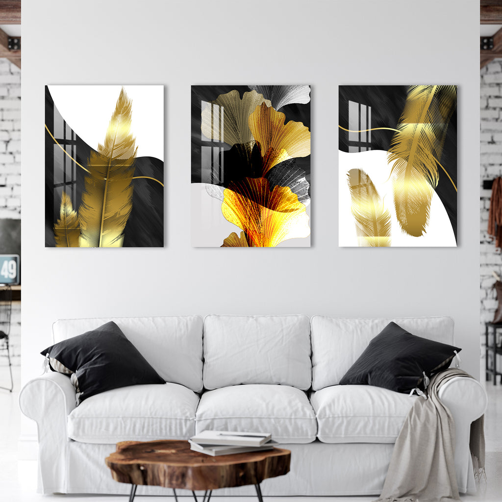 Golden Feathers Acrylic Wall Art (Set of 3)